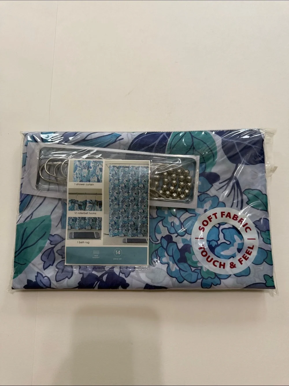Floral Blue Shower Curtain Set with Hooks - Blue